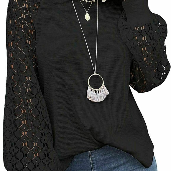 Women Long Sleeve Tops Lace Casual Loose Blouses T Shirts Round Neck Stitching - Picture 5 of 8